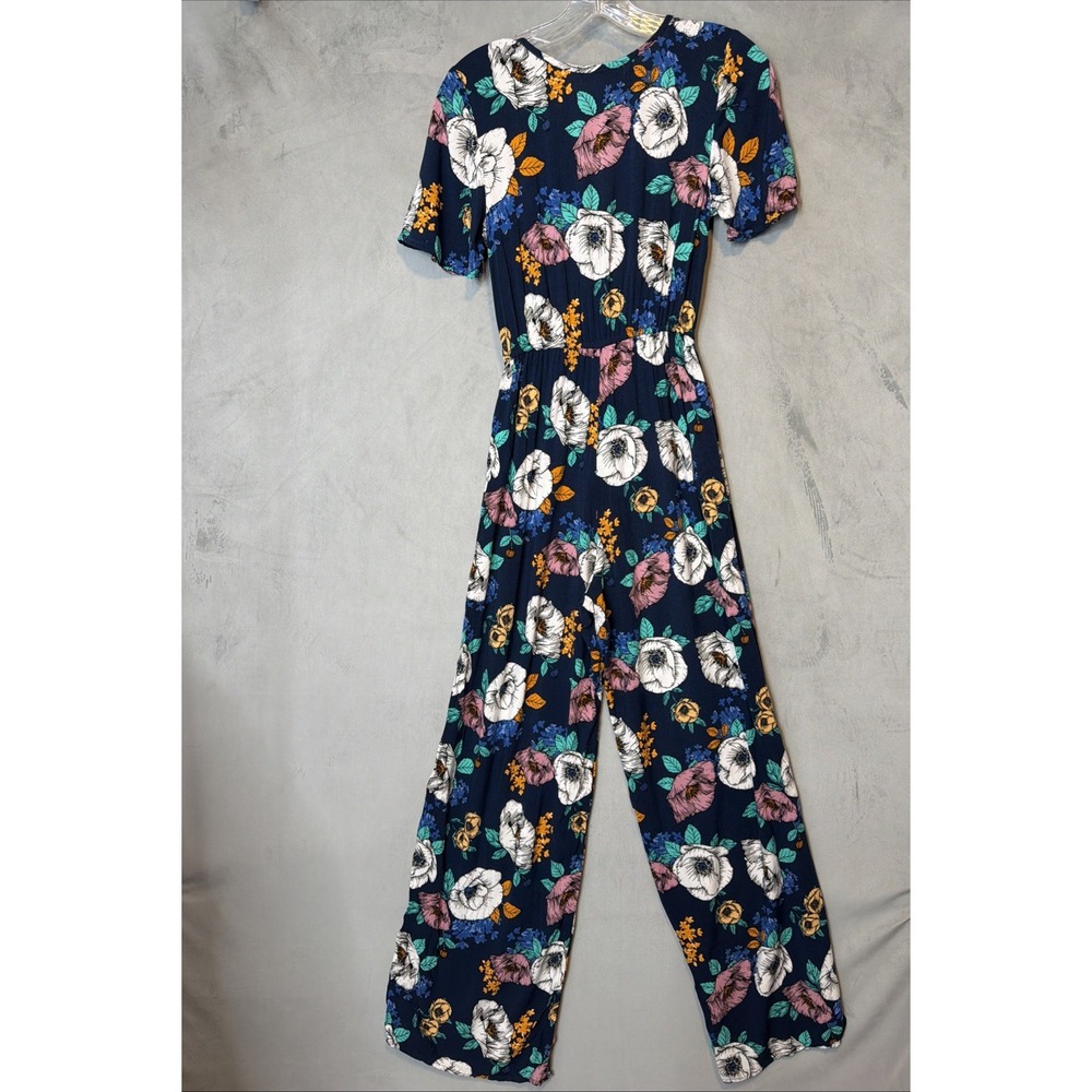 Band of Gypsies Womens XS Floral Jumpsuit Navy Wide Leg Tie Front Boho - Picture 2 of 11